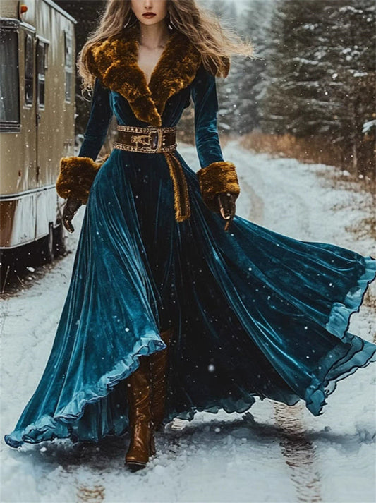 Autumn Blue Elegant Velvet Fluffy Trimmed Maxi Dress for Women