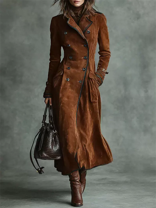 Autumn Suede Long Trench Coat for Women with Double Breasted Buttons