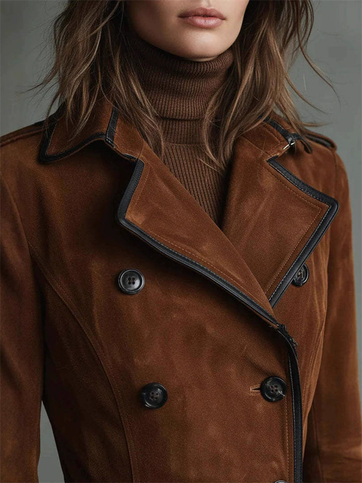 Autumn Suede Long Trench Coat for Women with Double Breasted Buttons