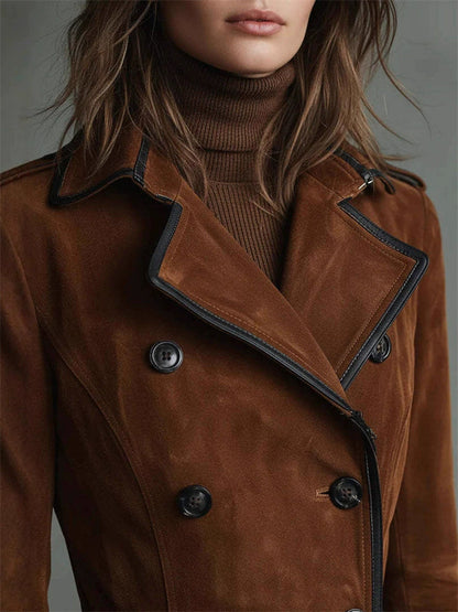 Autumn Suede Long Trench Coat for Women with Double Breasted Buttons