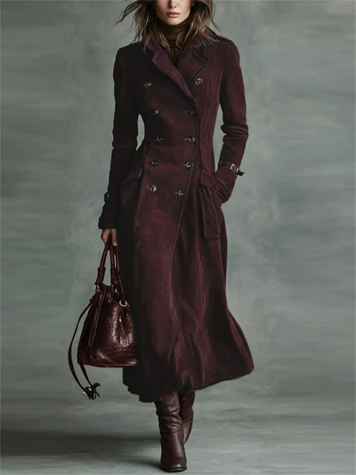 Autumn Suede Long Trench Coat for Women with Double Breasted Buttons