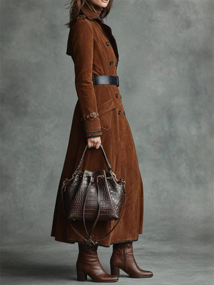 Autumn Suede Long Trench Coat for Women with Double Breasted Buttons