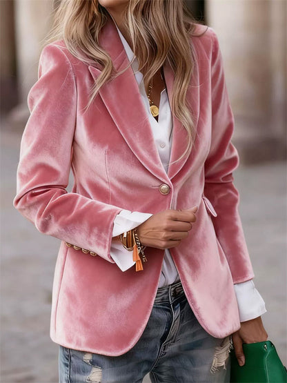A‌utumn Single Breasted Lapel Velvet Blazer for Women with Button Details