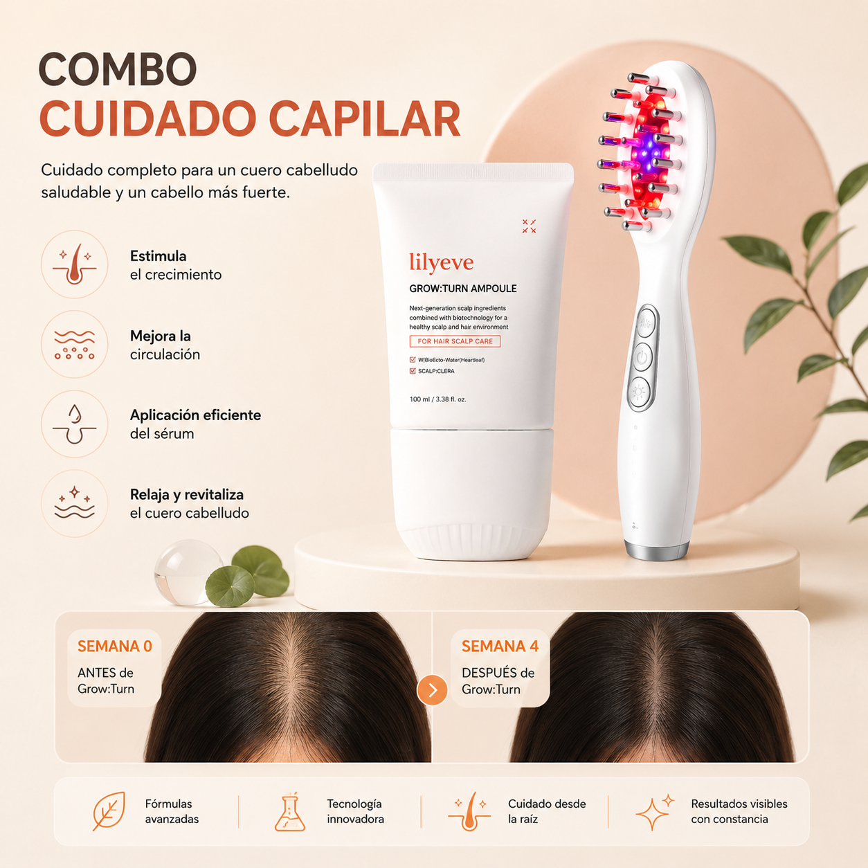 Lilyeve™ Grow Turn Complete Hair System - Sérum + Cepillo LED para potenciar tu rutina capilar diaria.