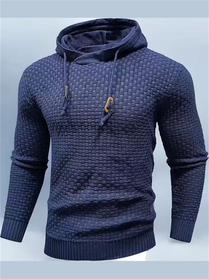 Knitted Men's Warm Jacquard Casual Drawstring Pullover Hoodie
