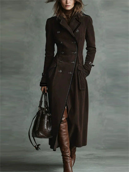 Autumn Suede Long Trench Coat for Women with Double Breasted Buttons