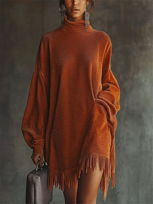 High Neck Orange Corduroy Fringed Loose Midi Dress for Women‌