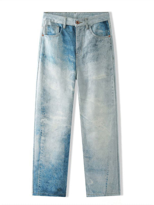 High Street Contrast Color Straight Leg Washed Denim Jeans for Men